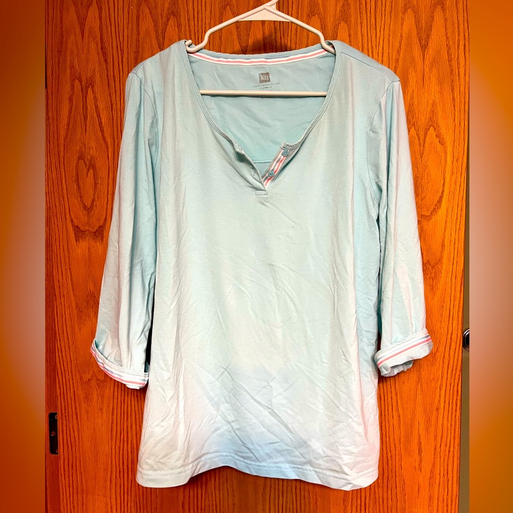 Karen Neuburger pajama top in light blue with pink and white stripe detail.